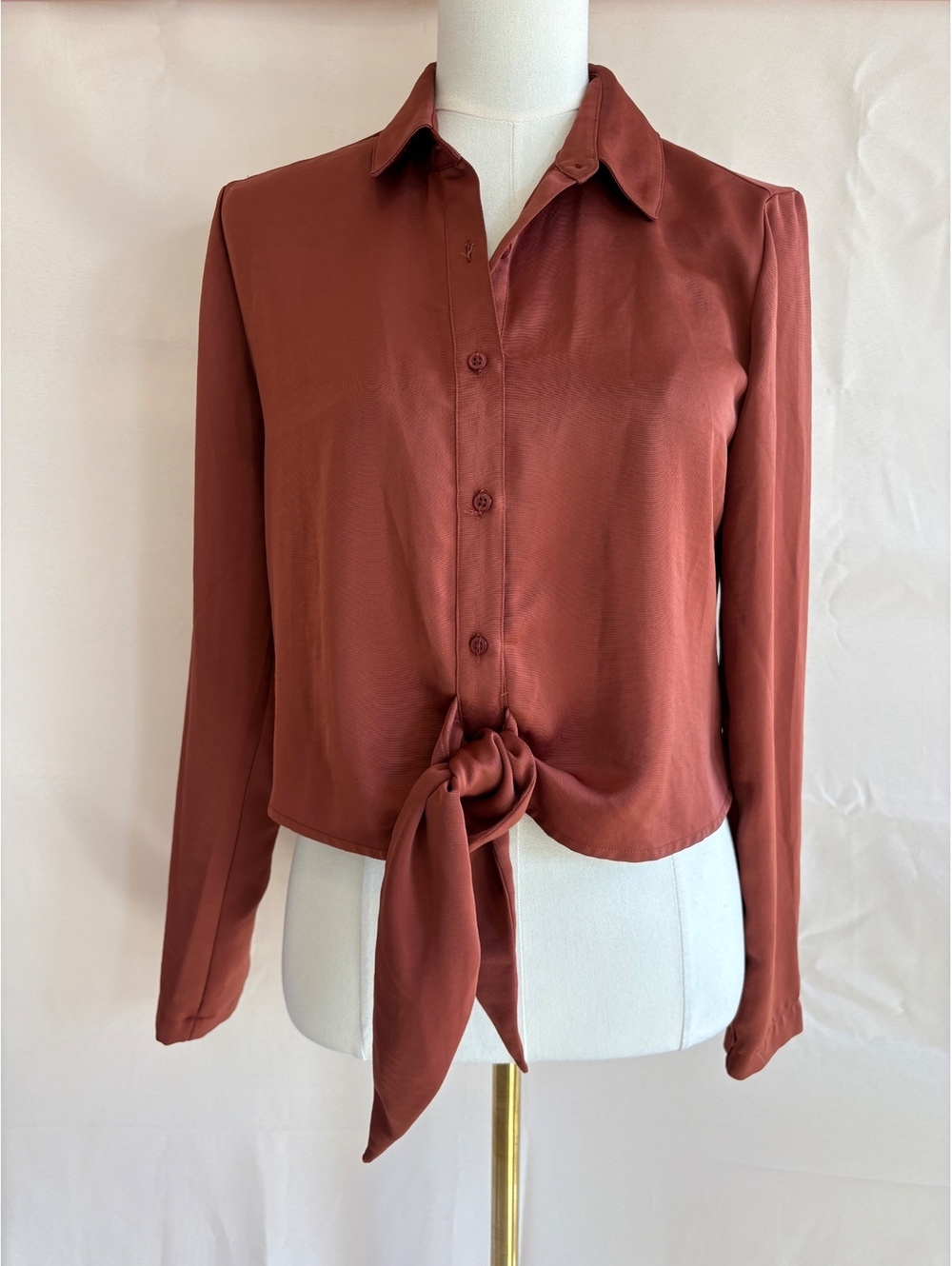 Express Portofino Rust Brown Long Sleeve Tie Front Shirt Size S